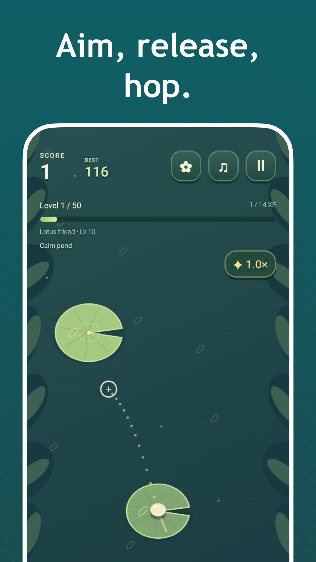 Moss Hop gameplay with an aiming trail between two lily pads
